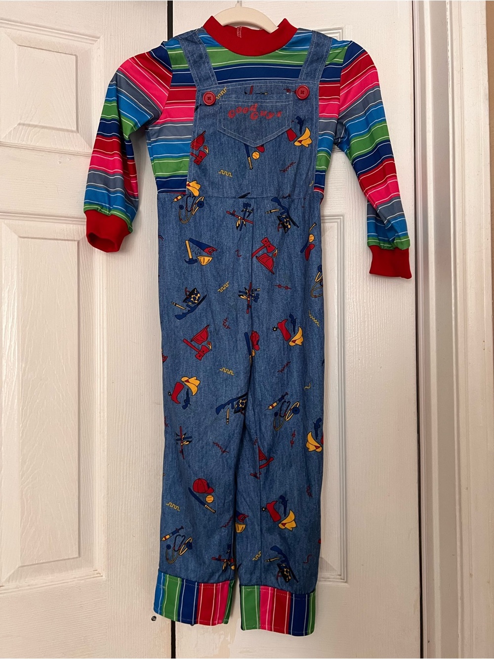 Spirit Kids Blue Denim-Style Overalls with Multicolor Stripe Top with mask